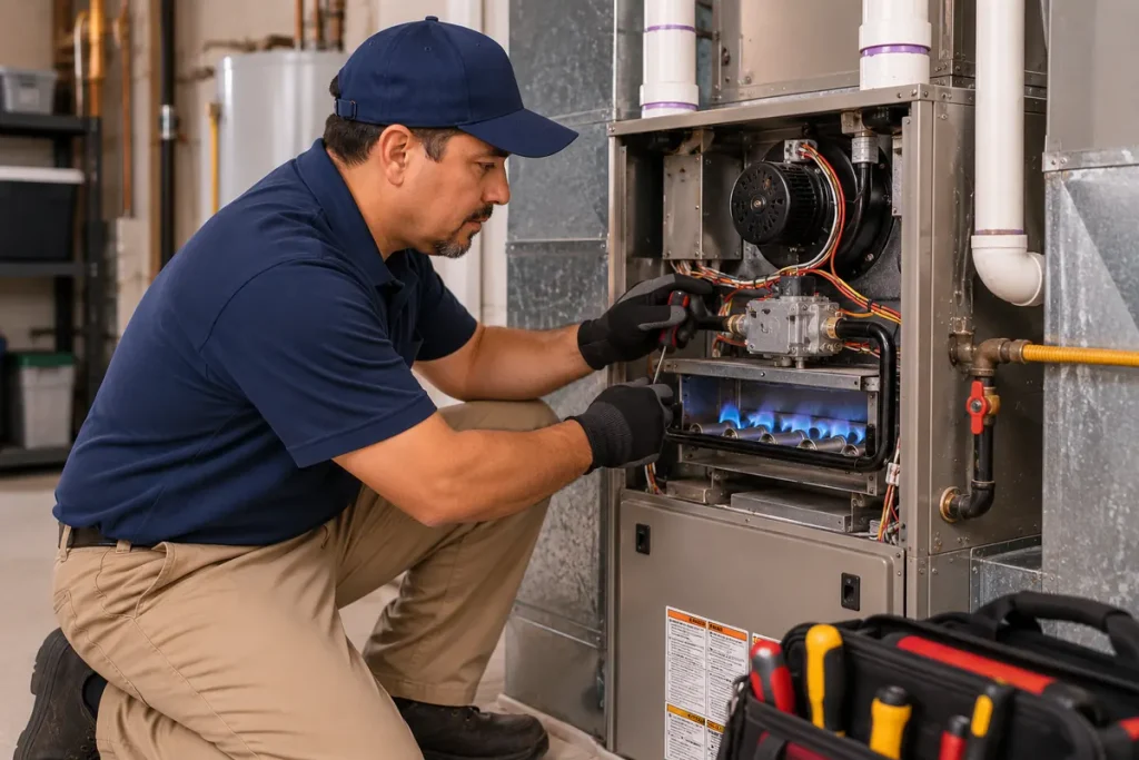 Técnico revisando un sistema de calefacción residencial