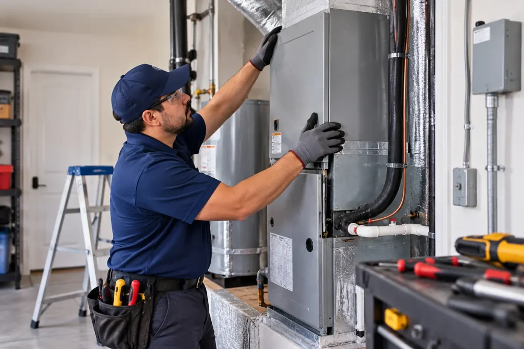 Técnico instalando un sistema de aire acondicionado residencial