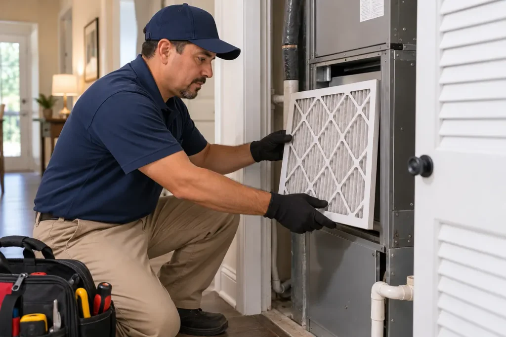 Técnico realizando mantenimiento preventivo a un sistema de aire acondicionado