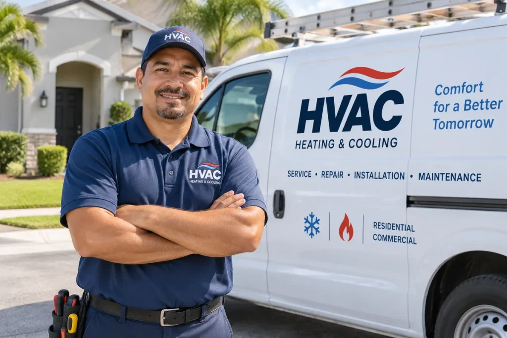 Técnico de aire acondicionado junto a un vehículo de servicio