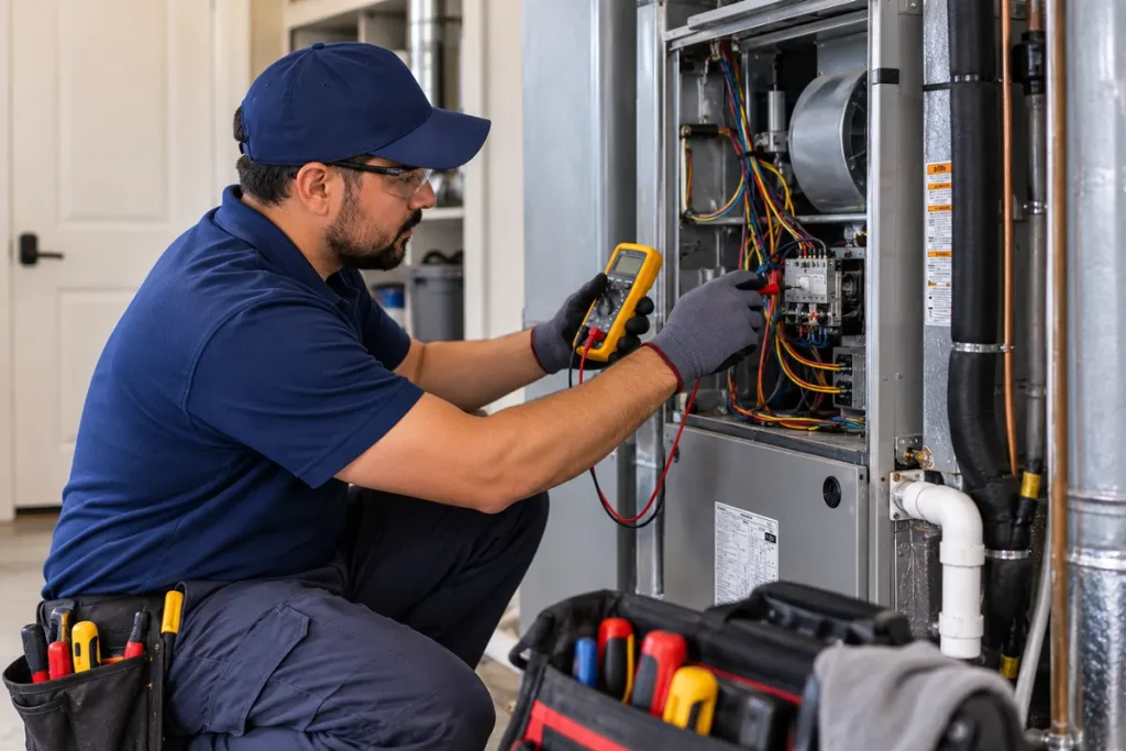 Técnico diagnosticando un sistema de aire acondicionado con un multímetro