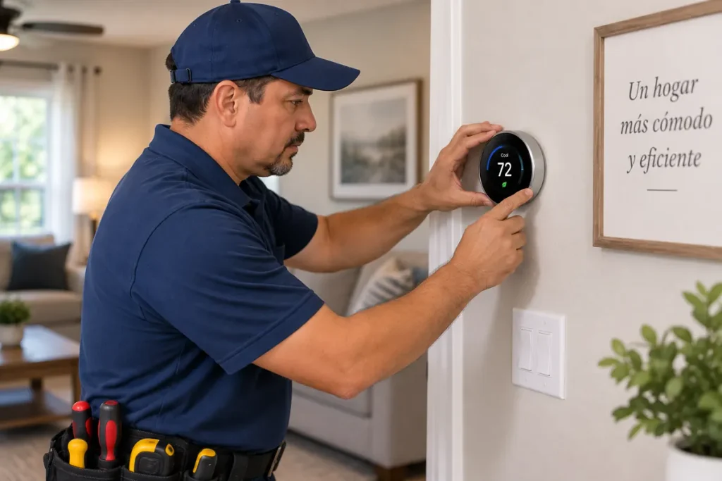 Técnico configurando un termostato inteligente en una vivienda